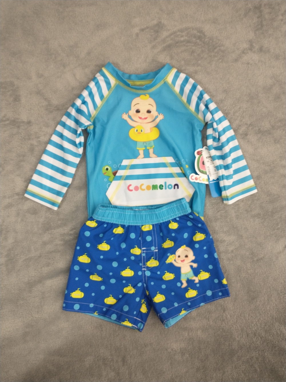 NWT Kids' - 12M - Cocomelon (Moonbug) Blue/White Long-Sleeve Rash Guard Swim Set